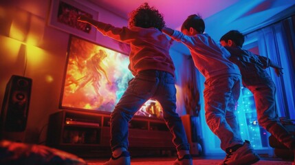 Fototapeta na wymiar Immersive excitement: Three children fully engaged, mimicking action movie hero. Perfect for streaming service, entertainment, and playful camaraderie visuals