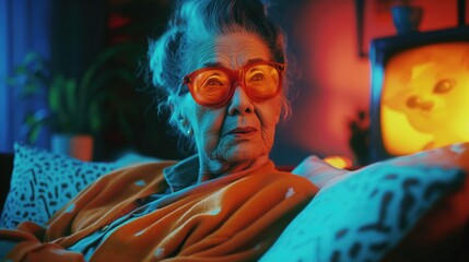 Elderly woman in retro living room with cinematic charm. Ideal for streaming service concepts and cinematic nostalgia visuals.