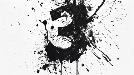 black splatter ink graphic of the number 3 on a white background - obrazy, fototapety, plakaty