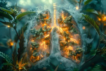 Deurstickers smoke lung with marijuana, lighting signal medic health © WettE