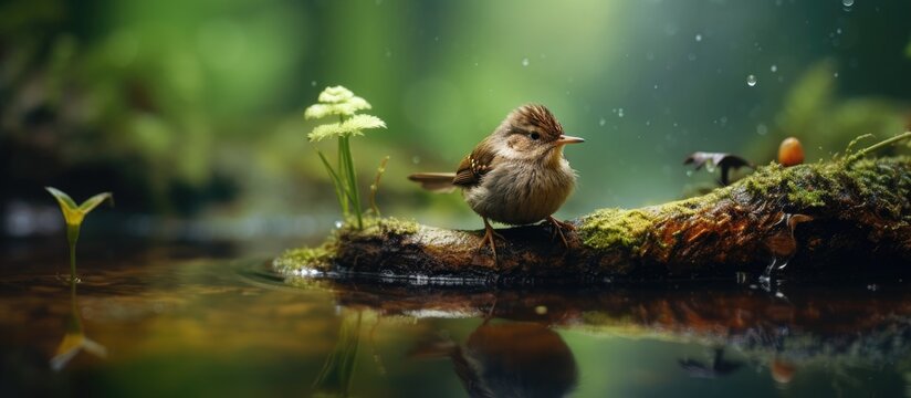 A perching bird with a small beak is sitting on a log in the water, surrounded by terrestrial plants and grass in a natural landscape - Powered by Adobe