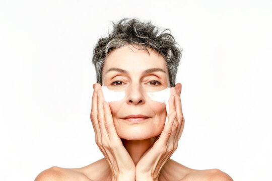 beautiful mature woman is applying moisturizer on her face,