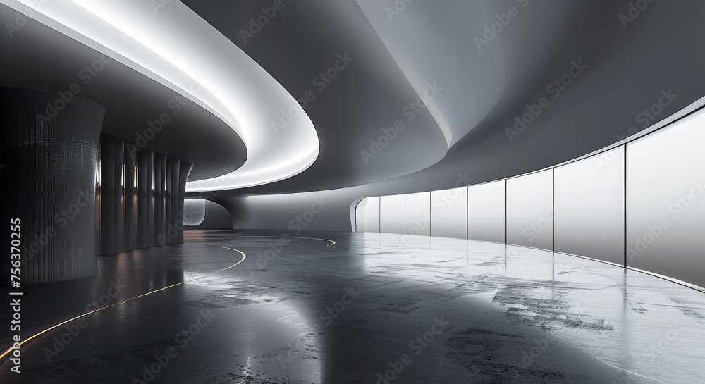 Poster simple exhibition hall with dark black curves and streamlined style. generative ai.