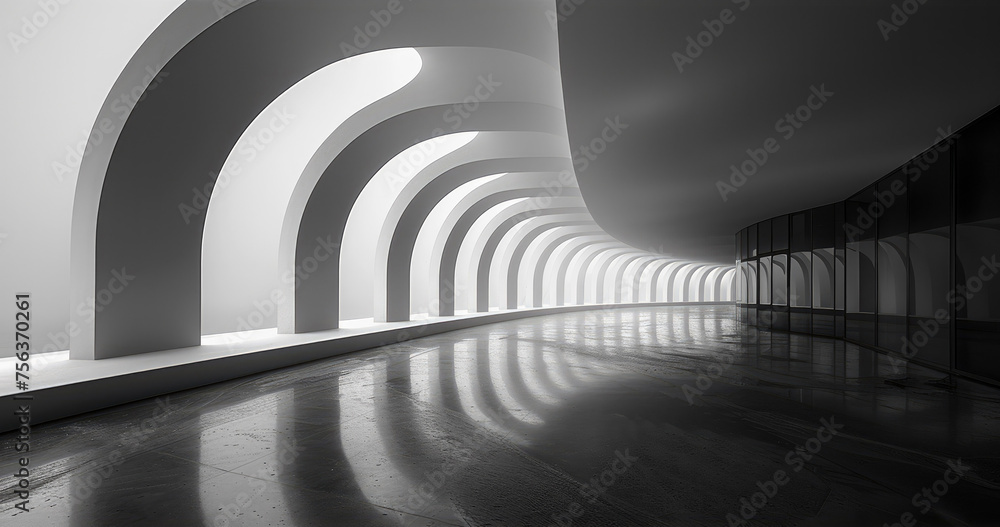 Poster simple exhibition hall with dark black curves and streamlined style. generative ai.