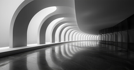 Simple exhibition hall with dark black curves and streamlined style. Generative AI.
