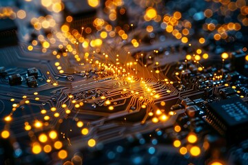 An abstract composition featuring a network of glowing fiber optic cables and circuitry