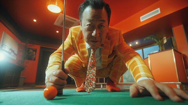 Stressed-out boss plays mini golf in office for work-life balance. Conceptual image on stress relief and finding equilibrium in the corporate world.
