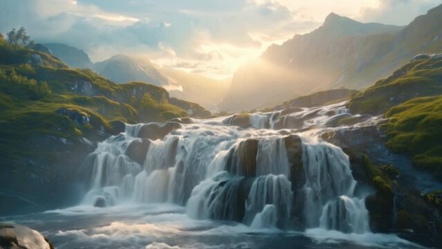 A large waterfall with a stunning landscape with beautiful waterfalls and a beautiful morning sky lit up by a beautiful sunrise. 