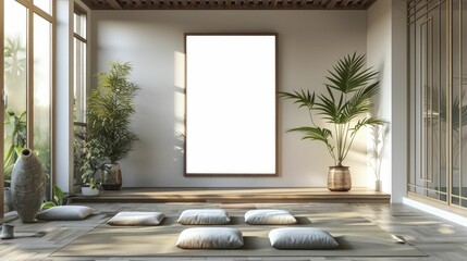 A serene 3D render for wellness and meditation art in a modern yoga studio with calming poster frame mockup, minimalist ambiance.