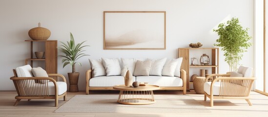 Stylish modern wooden living room with white background and Scandinavian style, featuring rattan home decor.
