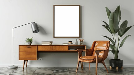 Retro office features a mockup poster frame, mid century modern furniture, and 3D art for classic advertising or art.