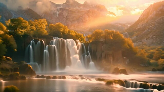 A large waterfall with a stunning landscape with beautiful waterfalls and a beautiful morning sky lit up by a beautiful sunrise. 