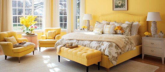 Furniture placement in a bright bedroom with yellow walls