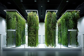 Vertical garden with hydroponic irrigation inside a large building with artificial light and modern structures to support the plants