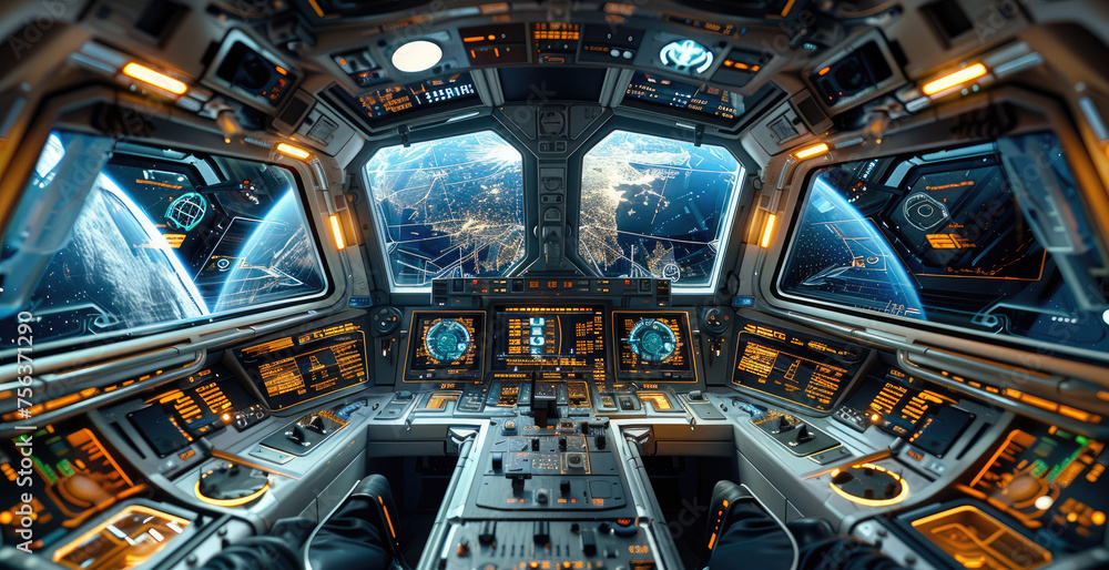 Poster a spaceship cockpit, showcasing a high-tech, modern, futuristic design. generative ai.