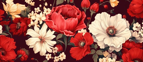 Vintage floral seamless pattern with colorful flowers on red backdrop.