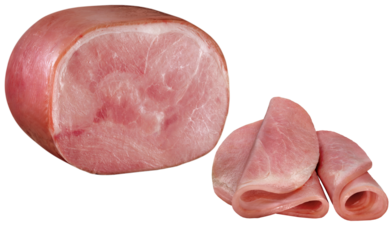 peça de presunto defumado acompanhado de fatias de presunto isolado em fundo transparente