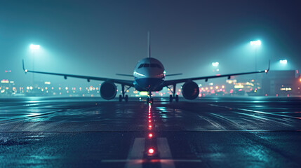 A jetliner is on the runway at night