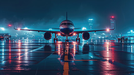 A jetliner is parked on a wet runway at night