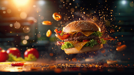 A burger is flying through the air with a bunch of onion rings - Powered by Adobe