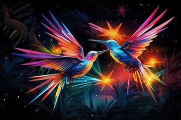 Vibrant Neon Hummingbirds in a Magical Dance of Light and Color
