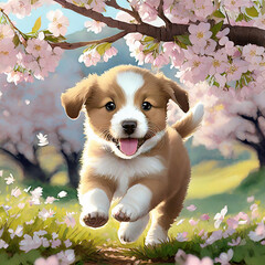 벚꽃 아래 뛰어다니는 귀여운 강아지