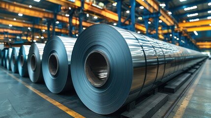 Rolls of galvanized steel sheet, steel sheet rolls, Rolled steel coils in a warehouse of a metal factory. Generative AI. - obrazy, fototapety, plakaty