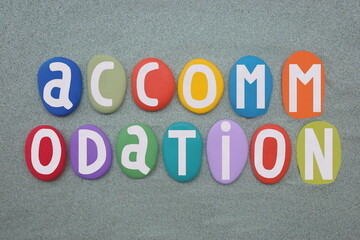 Accommodation, a room, group of rooms, or building in which someone may live or stay, creative text...