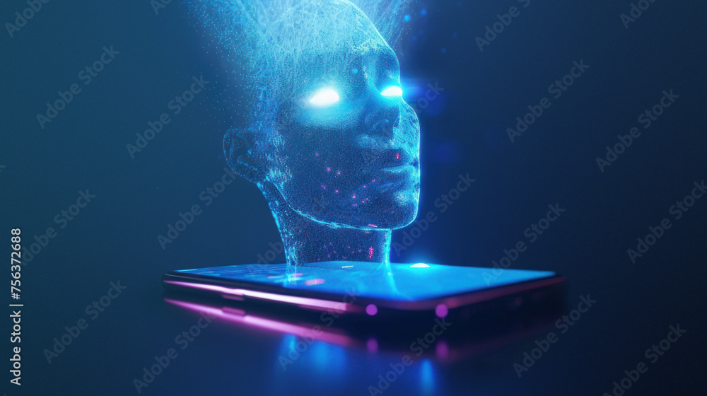 Poster a visual representation of a 3d holographic human face projection emerging from the screen of a smar