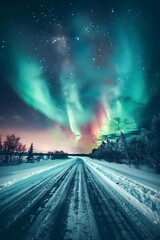 Aurora Borealis dances over a snowy prairie, casting green and red hues against the winter night sky, with snow-covered trees lining the road.