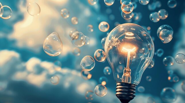 Illuminated Bulb Amidst Thought Bubbles Symbolizing Burst of Ideas and Inspiration