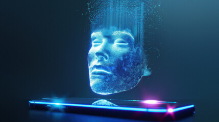 A hologram of a human face displaying pixel dispersion from a smartphone symbolizes digital transformation, AI, and the concept of digital persona