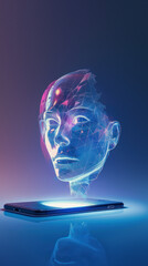 A radiant 3D holographic portrait of a human head projected above a smartphone screen, embodying futuristic technology and digital art - 756372859