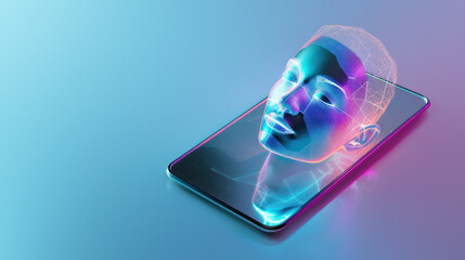 Reflective holographic human face on a modern smartphone against a blue gradient background with neon glow