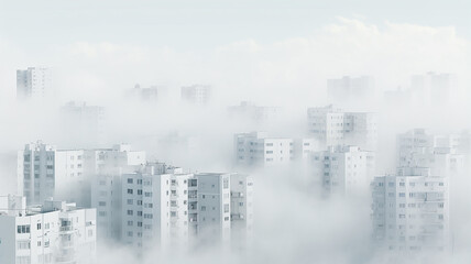 architectural white urban background with copy space, row of houses on white fog , blank design, urban concept