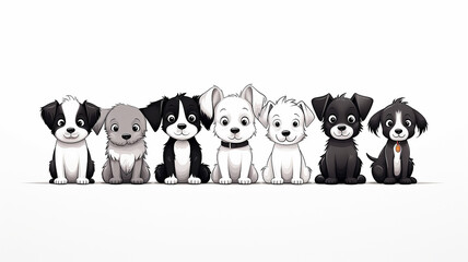 cartoon dogs sitting in a row isolated on a white background, sketch black and white style thin outline, layout for children's coloring book