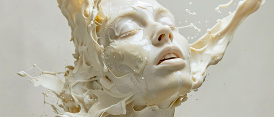 Naklejka premium Close-up of a white sculpture capturing a woman's face with a surreal, flowing liquid texture, creating a visually striking and contemporary piece of art.