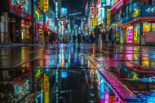 City nightlife with neon reflections on wet street