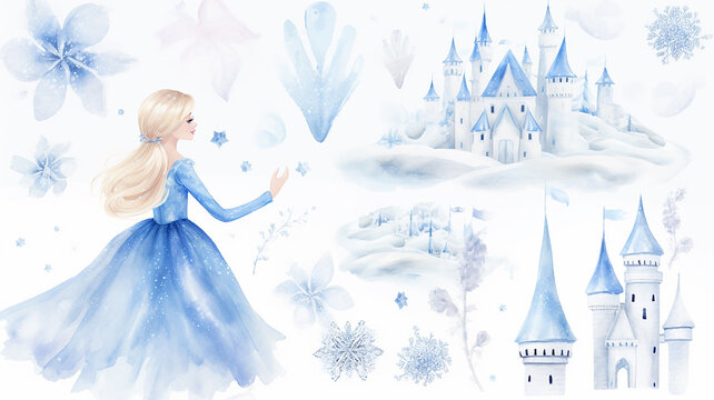 fairy princess castle, light blue watercolor on a white background, illustration for a children's book