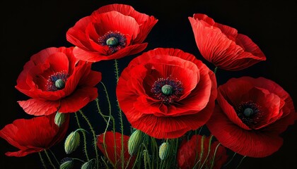 In Remembrance: Stylized Red Poppies on Black"
