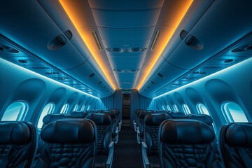 Nighttime Flight Ambiance Interior of Airplane with Blue Ceiling Lights and Illuminated Seats