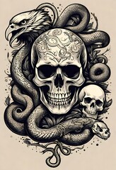 t-shirt design hand drawn. intricate black and white  illustration of a vintage flash art tattoo of a skull, eagle and snake