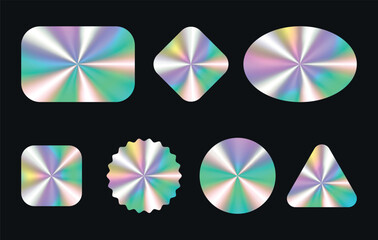 Set of color holographic sticker templates, label with holographic effect. Shiny rainbow emblems in different shapes. Vector illustration EPS10