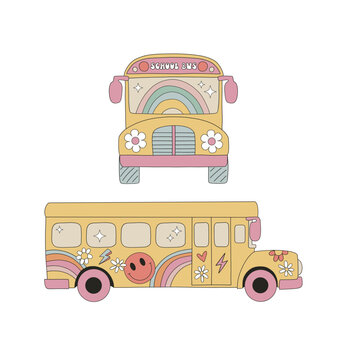 Groovy hippie yellow schoolbus with flowers rainbows smiling faces vector illustration set isolated on white. Retro hand drawn flower power back to school print collection.