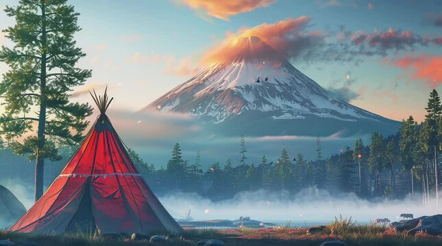 Indian Tent Facing Majestic Mountain Seamless looping 4k time-lapse virtual video animation background. Generated AI