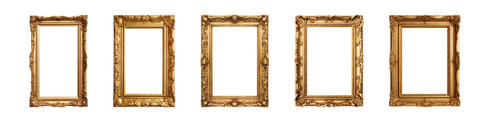 Collection of antique gold picture rectangular frames isolated on a transparent background, PNG - obrazy, fototapety, plakaty