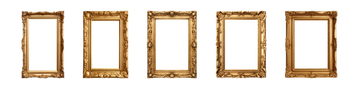 Collection of antique gold picture rectangular frames isolated on a transparent background, PNG