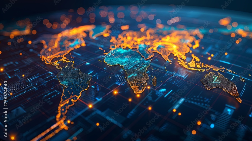 Poster global digital connectivity network concept digital world map with glowing points and lines represen