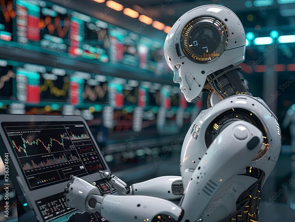 Poster futuristic robot analyzing financial markets an advanced robot with a digital face examines stock ma