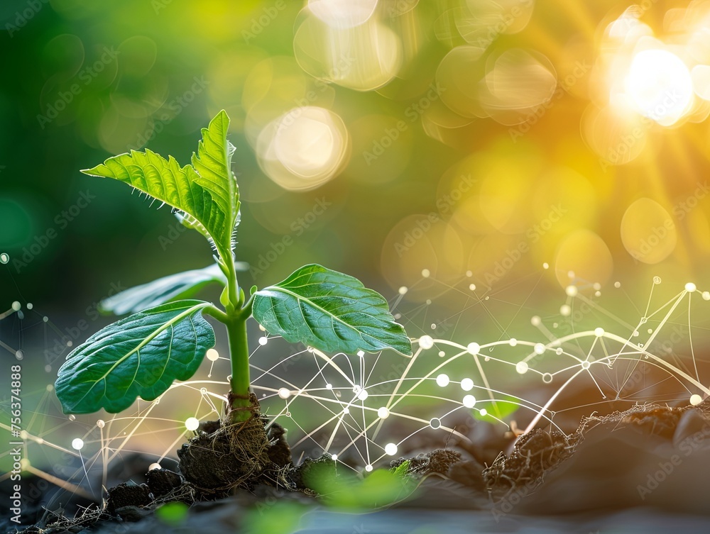Poster young plant sprouting with digital network connection a vibrant sapling emerges from the soil agains